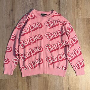 Barbie Core Sweater Pink Logo Size M Knit Crewneck Long Sleeve Sweater Licensed